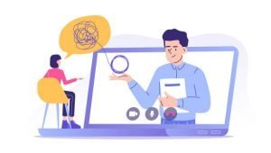 Uzm.Dr. Aykut Çobadak Psikiyatrist Bilişsel Davranışçı Terapi3 Online psychotherapy concept. Male psychotherapist helping patient by video call. Woman talking to psychologist. Psychological counseling services. Therapy session. Isolated modern vector illustration